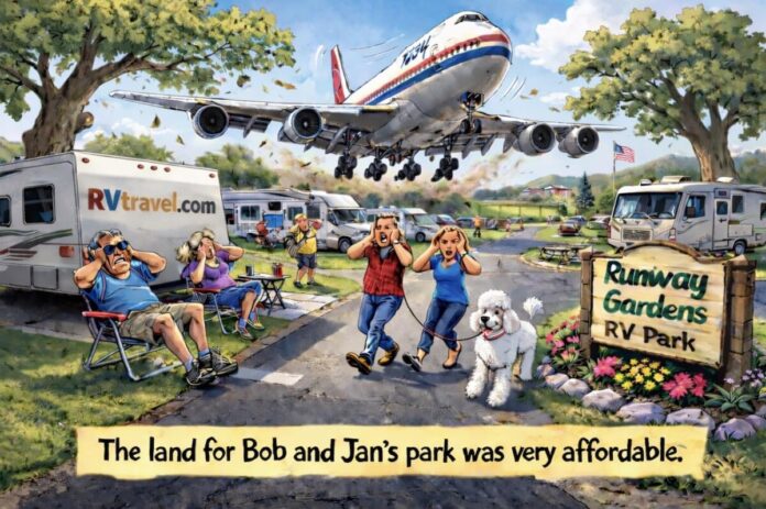 Plane flying over RV park