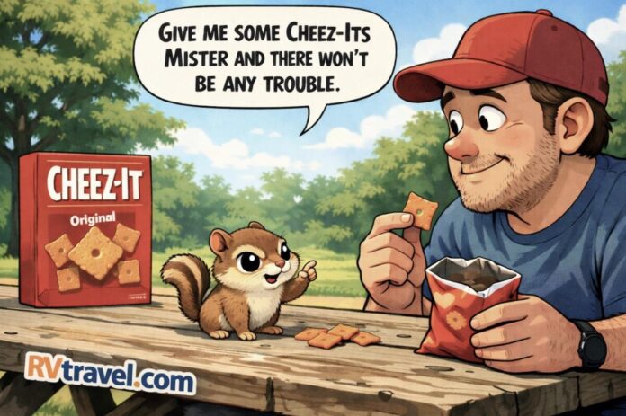 Man and chipmunk at picnic table