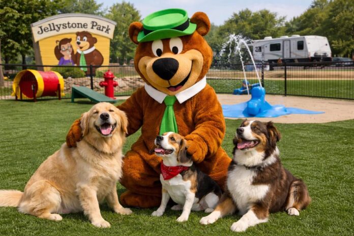 Yogi Bear at Jellystone Parks with a bunch of dogs at their pet friendly locations.