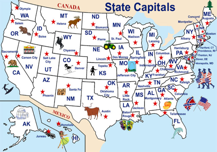 legends of america image u.s. map with capitals noted