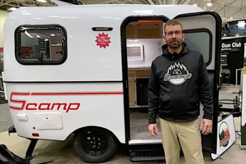 one of the line of 2025 Scamp fiberglass travel trailers