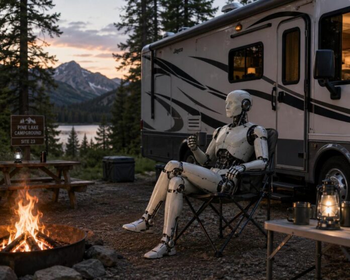 AI generated image of a humanoid robot at a campground sitting outside an RV