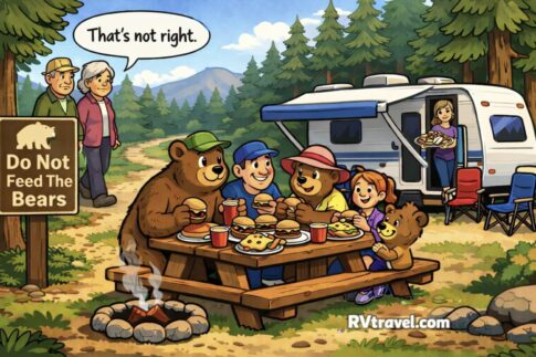 Cartoon: Bears with campers at picnic table