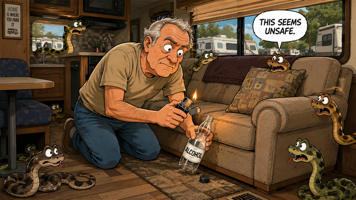 One RV. Several snakes. A lighter. What could possibly go wrong?