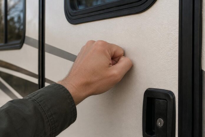 closeup of hand knocking on RV door AI generated