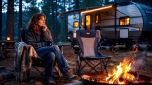 Woman Alone By Campfire