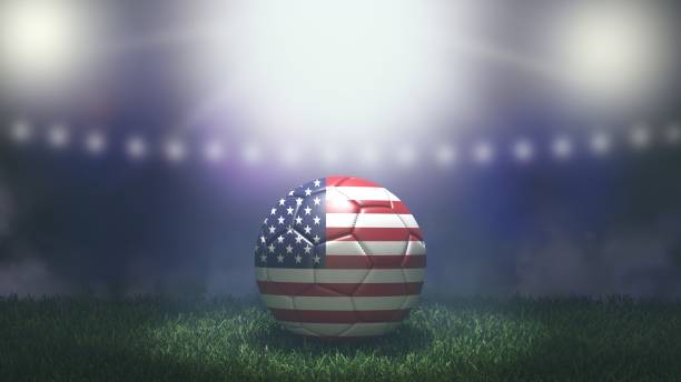 soccer ball with US flag and blurred background of stadium istock royalty free image